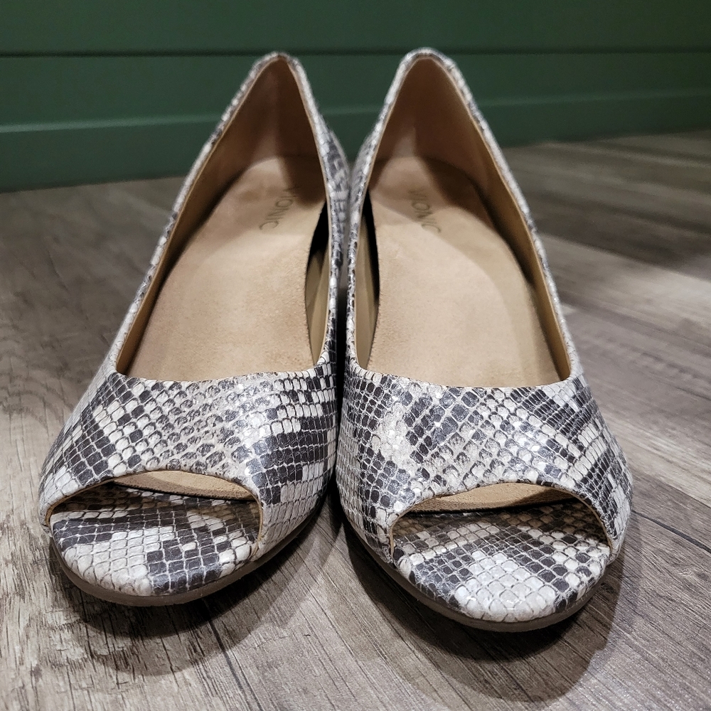 Vionic Snake-Print Peep Toe Wedge in Black and Cream - Picture 3 of 8